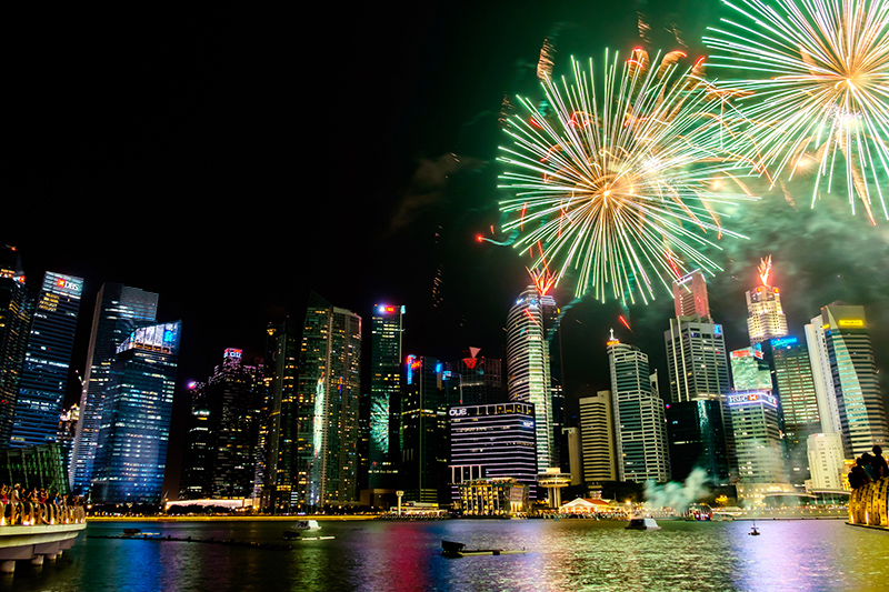 The fireworks as seen from the Marina Bay Promontory